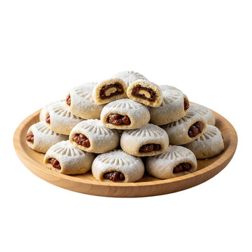 Stack of stuffed Egyptian kahk cookies on wooden plate isolated on white &ndash; traditional Eid sweet with date filling for Ramadan celebrations, Middle Eastern pastry PNG for food packaging, menus