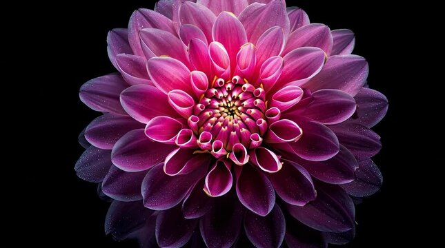 Magenta dahlia blossom, symmetrical petals against a solid black background