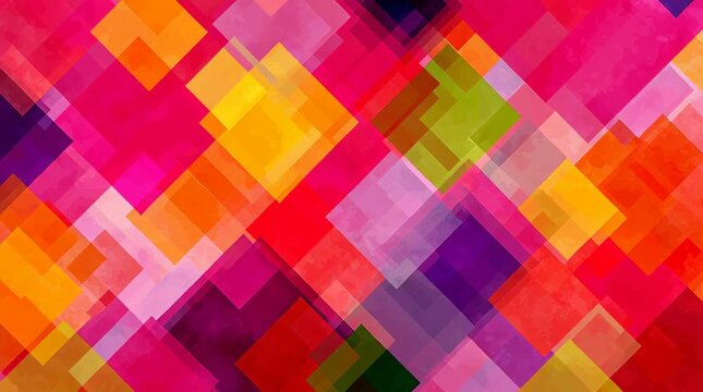 Overlapping, semi-transparent squares in hues of pink, red, yellow, green, and purple