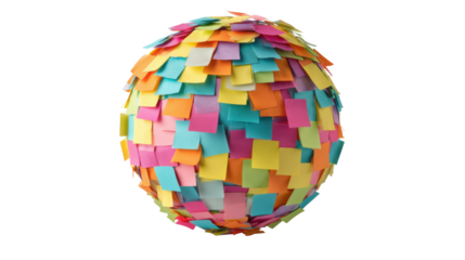 Sphere of colorful sticky notes covering a ball, visualizing complex ideas, reminders, and creative thinking on transparent background