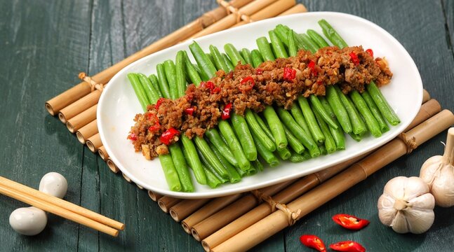 Tumis buncis daging cincang. Delicious stir-fried green beans with minced meat or Gan Bian Si Ji Dou