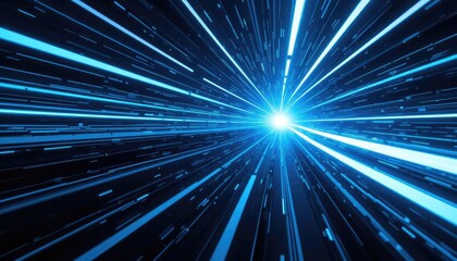 Abstract blue light streaks representing high speed motion through a tunnel or wormhole with a bright center