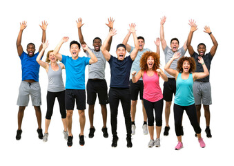Large multi-ethnic group of athletes in colorful sportswear are jumping together with excited expressions and arms raised in a triumphant celebration of teamwork and success