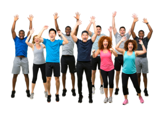 Large multi-ethnic group of athletes in colorful sportswear are jumping together with excited expressions and arms raised in a triumphant celebration of teamwork and success
