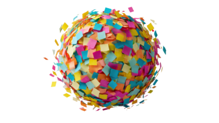 Bright paper confetti creating an abstract sphere, symbolizing celebration, party, and joy. Isolated with transparent background