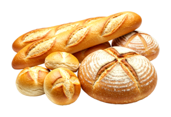 Appetizing assortment of freshly baked bread featuring golden French baguettes, rustic round loaves dusted with flour, and crusty dinner rolls in a warm, inviting pile