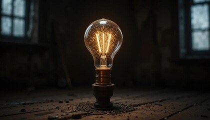A solitary vintage incandescent light bulb glows brightly, casting light upon a dusty wooden floor in a dark, atmospheric old room
