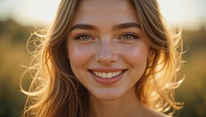 Radiant young woman with a joyful smile bathed in golden sunlight, embodying happiness and natural beauty in a serene outdoor setting