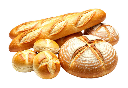 Appetizing assortment of freshly baked bread featuring golden French baguettes, rustic round loaves dusted with flour, and crusty dinner rolls in a warm, inviting pile - Powered by Adobe