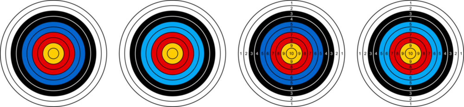 Colorful archery target icons with scoring numbers and ring variations. Perfect for sports graphics, training materials, shooting games, competitions, and accuracy-themed designs.