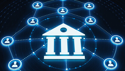 Digital banking and the interconnected web: A visual representation of a secure financial institution, networked with user accounts, representing the seamless connection of digital banking.
