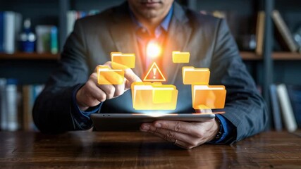 Business professional manages glowing digital files on a tablet device displaying a warning icon in a modern office setting - Powered by Adobe