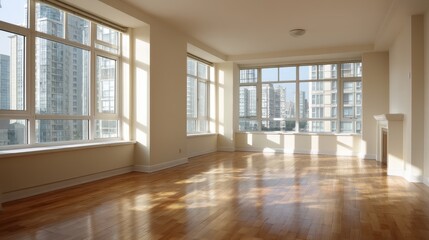 Obraz premium A bright empty space features large windows providing views of tall buildings. Natural light fills the room highlighting the wooden floor. It is a modern setting suitable for various activities.