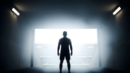 Silhouette of a male athlete standing in a dimly lit tunnel with bright stadium lights ahead, symbolizing determination and focus in sports