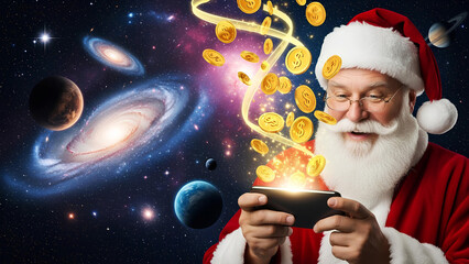 Cheerful Santa Claus playing games on a mobile phone on a blue cosmic background. Virtual golden coins and paper dollar bills flying out of the smartphone, concept of online gaming, digital money