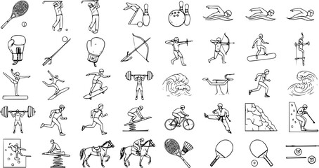 Fototapeta premium Sports Collection: Line Art Vector Set of Active Recreation, Games Athletics Icons for Graphic Design