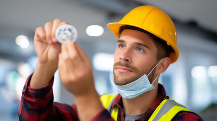 Focused engineers wearing, safety gear inspection, examining smoke detector, construction area work, proper compliance ensuring, installation standards check, safety protocols veri