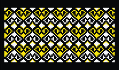 Pixel Yellow and White Hearts Ornament on Black, Pattern from Ukrainian Embroidery