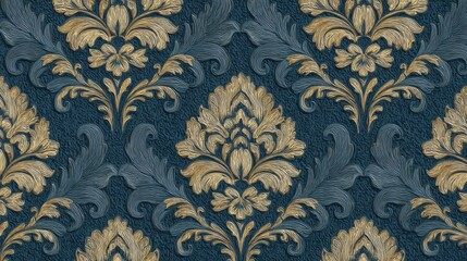 A detailed floral wallpaper design with patterns of gold flowers on a dark blue background. The design is rich in texture and depth creating visual interest.