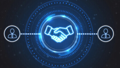 Digital Handshake: A modern representation of a handshake, symbolizing agreement and partnership, encapsulated within a vibrant digital interface. 