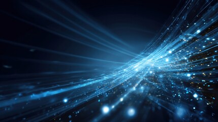 Fototapeta premium Thin rays of light move across a dark background. The scene shows bright particles scattered creating a sense of energy and motion in the air.