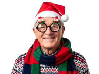 Smiling Senior Christmas Man Festive Glasses Santa Hat Scarf Holiday Portrait
