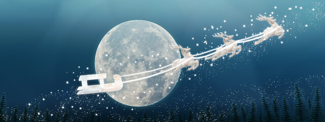 sled with flying reindeers on night sky and moon background