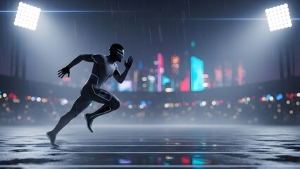 Futuristic athlete in glowing suit sprints intensely on a wet track under stadium lights against a neon city backdrop
