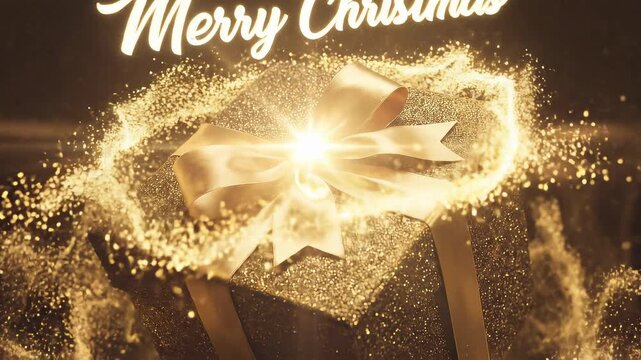 Elegant golden luxury gift box explodes with dazzling light shimmering glitter particles and vibrant bokeh creating a magical festive surprise