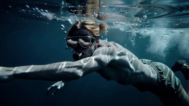 Underwater Swimming Woman Swimmer, Snorkeling, Freediving