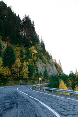 Scenic autumn mountain road curve winding along colorful forest slopes on Transfagarasan Highway, Romania.