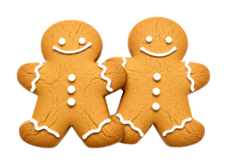 Two classic gingerbread men cookies decorated with white icing smiles and buttons stand together as a happy and festive holiday treat, viewed from a top-down perspective