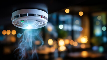 Fire alarm system, detector ceiling triggered, smoke flame activation, emergency warning response, safety alert display, home protection device, security equipment active, defocuse