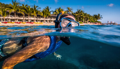 Person snorkeling in clear tropical water near palm-fringed beach resort