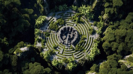 A maze is seen from above situated in a dense jungle. Green plants and trees frame the circular paths. The center holds a stone structure surrounded by winding routes.
