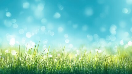 Obraz premium Grass stretches across the ground illuminated by sunlight. A soft blue sky serves as the backdrop creating a bright and cheerful scene in the daytime.