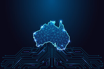Australia digital map glowing low poly network technology concept modern blue vector illustration © Inna