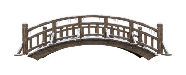 Rustic arched wooden footbridge covered with fresh white snow and hanging icicles during a cold winter season, showcasing a classic garden or park crossing structure