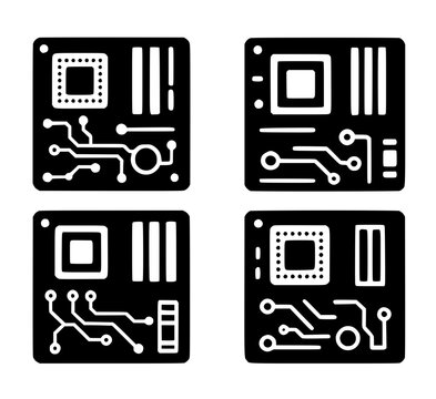 4 motherboard / PCB illustrations, outline, transparent background