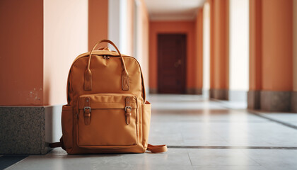 Orange backpack placed in corridor with soft lighting and neutral tones  