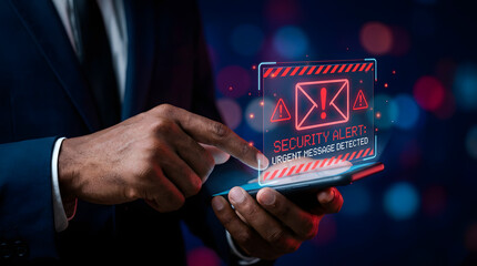Stay Safe Online A businessman is checking his phone for alerts, security risks, and urgent messages in order to protect his digital identity