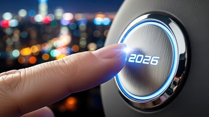Futuristic car dashboard with digital 2026 button