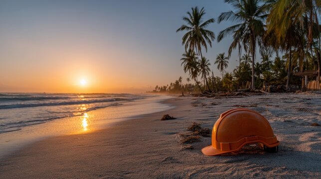 The sun sets on a beach with waves lapping the shore. An orange construction helmet rests on the sand. Palm trees frame the scene creating a tropical landscape.
