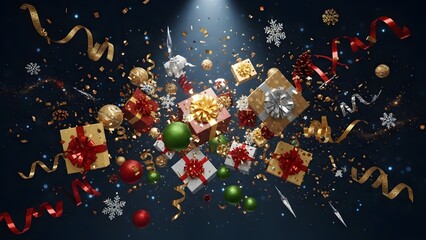 Festive scattering of gifts, ornaments, and ribbon shapes ideal for holiday designs and celebrations marketing materials. Perfect for christmas.
