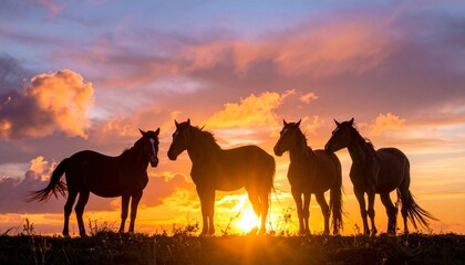 ４匹の馬・夕日・シルエット
