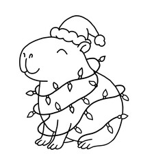 Smiling Capybara in Santa Hat with Tangled Christmas Lights – Simple Lineart on Transparent Background