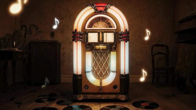 Vintage jukebox glowing in dimly lit room with floating musical notes