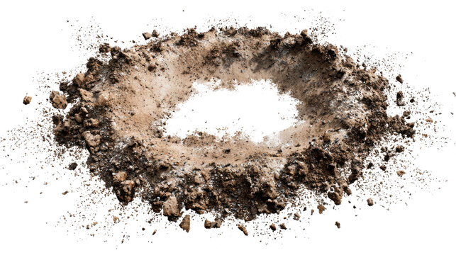 Impact crater creating a hole in brown soil and dirt with surrounding debris and explosion aftermath on transparency