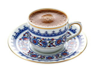 Traditional cup of Turkish coffee with rich foam, served in an ornate porcelain cup and saucer with a blue and red floral pattern and elegant gold trim