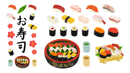 お寿司セット　水彩風手描きベクターイラスト